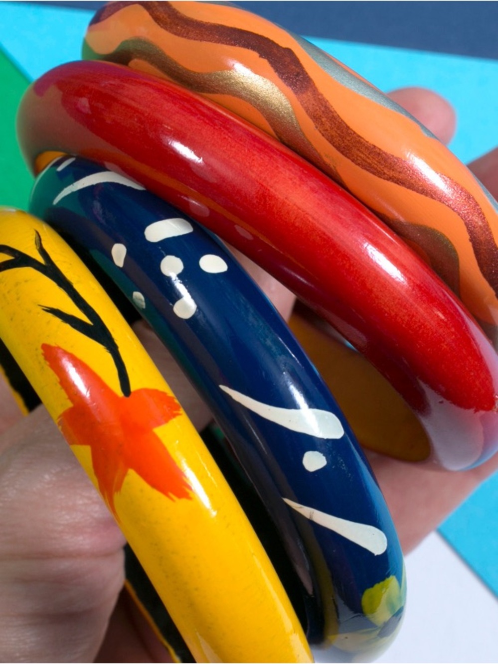 Vintage Hand Painted Wooden Bangle Bracelets Set of 4 70s Retro Boho Mod Stack